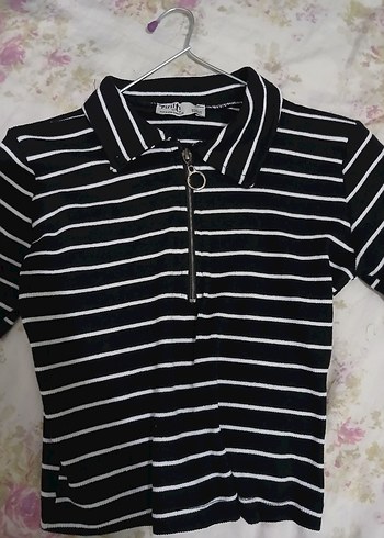 Fermuarli Siyah Beyaz Çizgili Kadın Tişört - Görsel 5