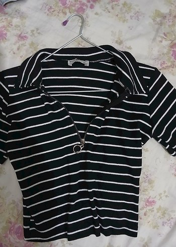 Fermuarli Siyah Beyaz Çizgili Kadın Tişört - Görsel 4