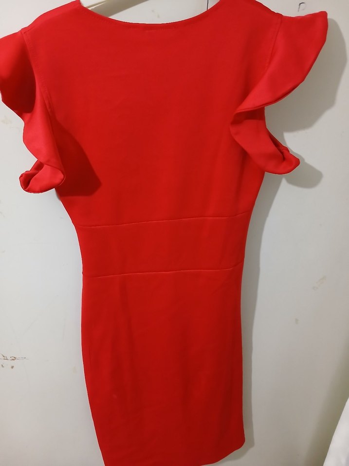 Kırmızı Drapeli diz boyu Kadın Abiye Elbise - Görsel 2