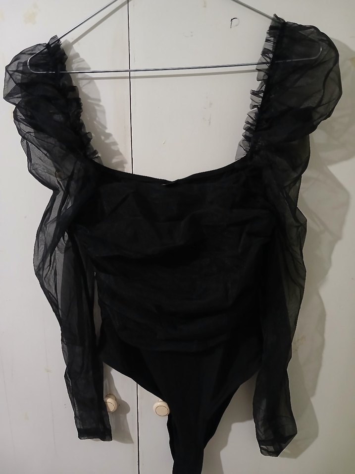 Siyah Uzun Kollu tülü Drapeli citcitli bluz SHEİN - Görsel 5