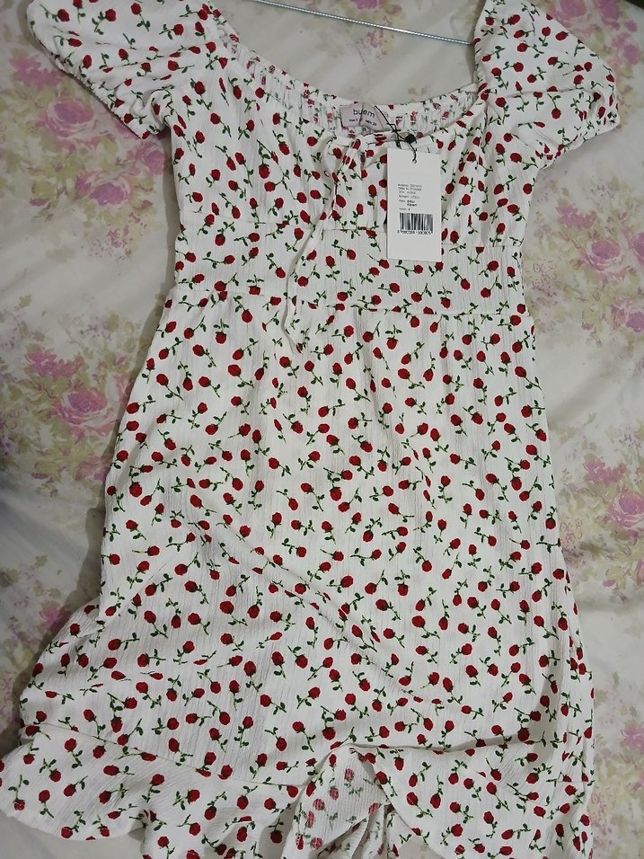 Çiçek Desenli Beyaz Midi Elbise - Görsel 5