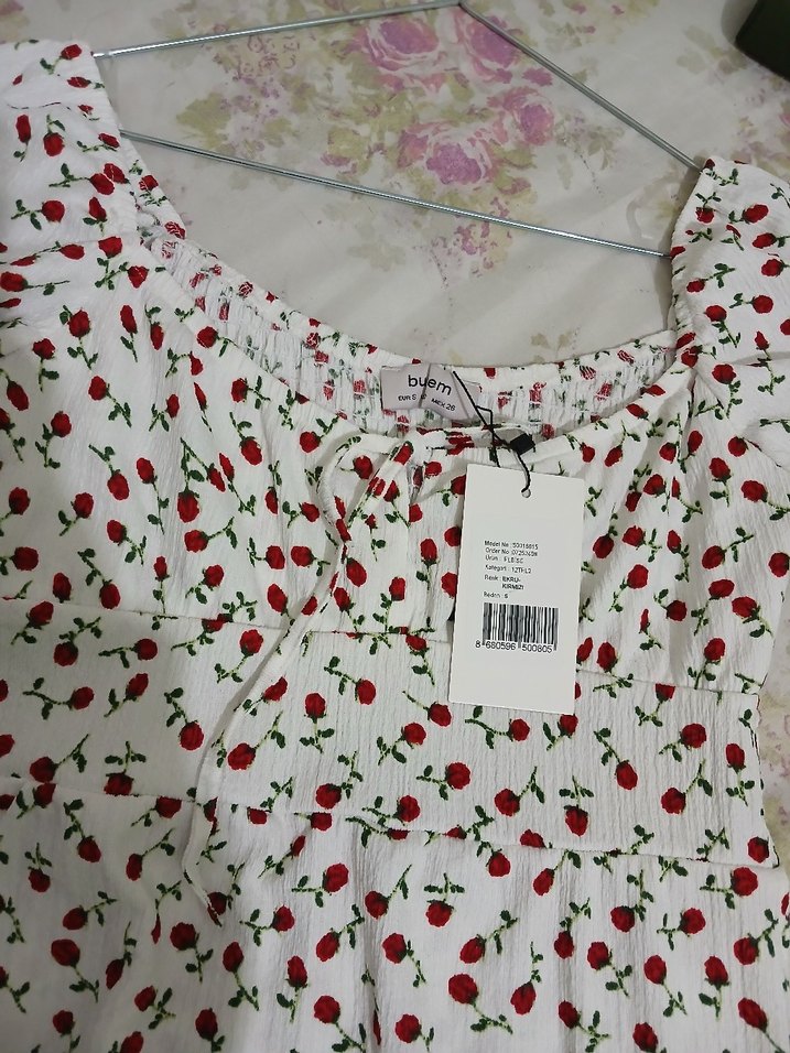 Çiçek Desenli Beyaz Midi Elbise - Görsel 3