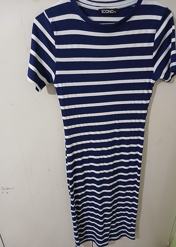 Kadın Lacivert Çizgili Kısa Kollu Elbise - Görsel 2