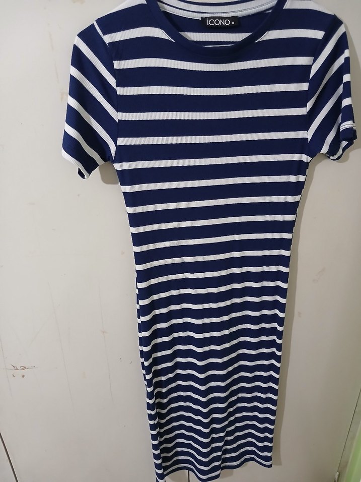 Kadın Lacivert Çizgili Kısa Kollu Elbise - Görsel 2