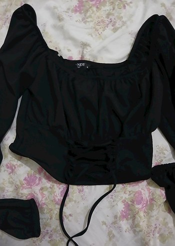 Siyah Gotik Mini Bluz, Uzun Kollu, ipli - Görsel 3