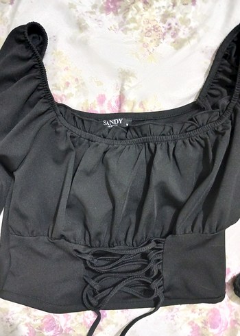 Siyah Gotik Mini Bluz, Uzun Kollu, ipli - Görsel 6