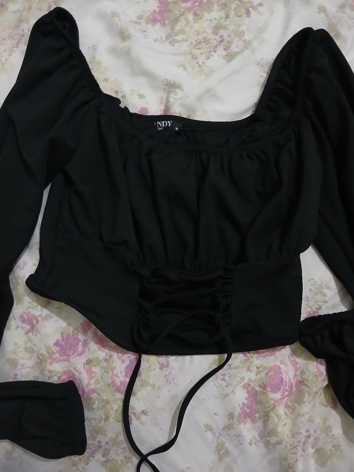 Siyah Gotik Mini Bluz, Uzun Kollu, ipli - Görsel 3