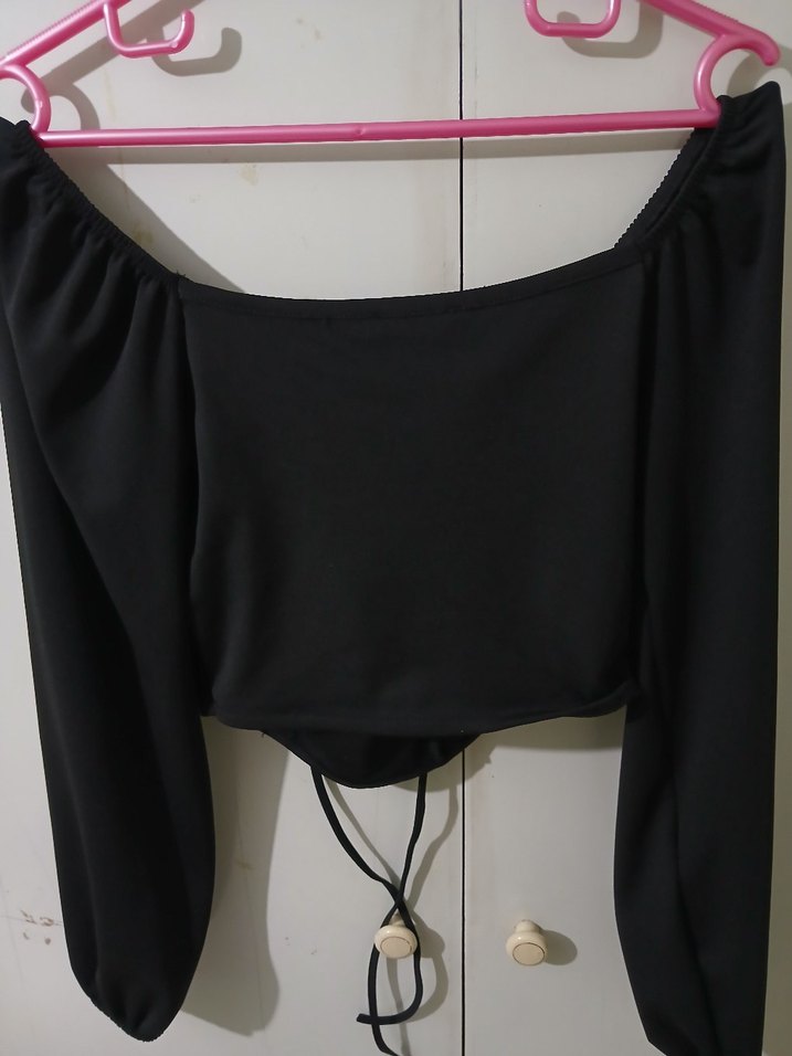 Siyah Gotik Mini Bluz, Uzun Kollu, ipli - Görsel 2