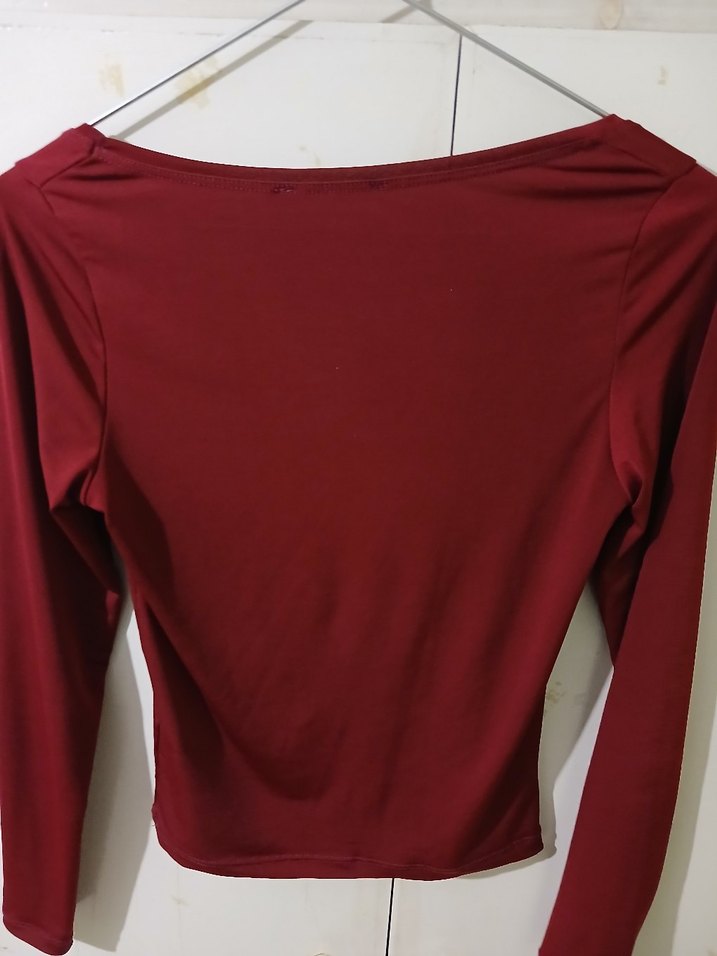 Bordo Uzun Kollu kayik/kare yakaKadın Bluz - Görsel 2