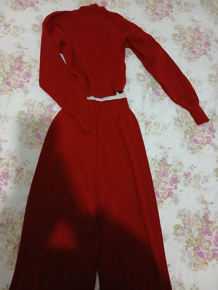 Kırmızı Uzun Kollu Parmak Detayli Triko TAKİM - Görsel 5