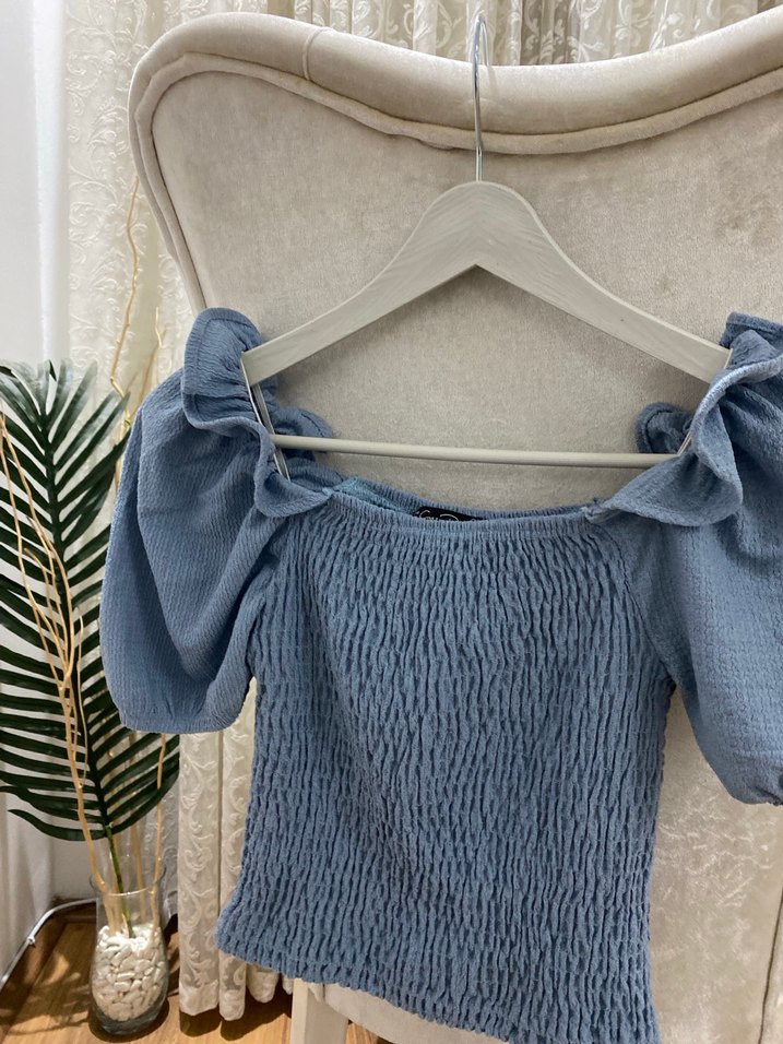 Mavi Örme Kısa kare yaka Kadın Bluz - Görsel 2