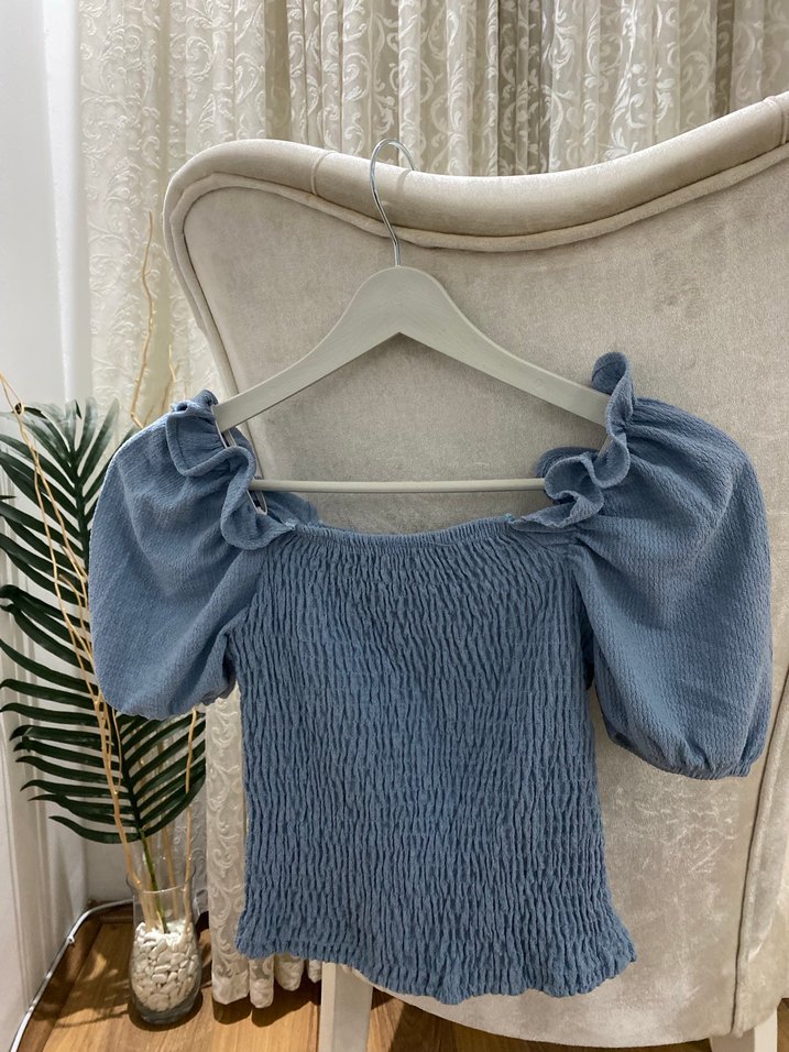 Mavi Örme Kısa kare yaka Kadın Bluz - Görsel 4