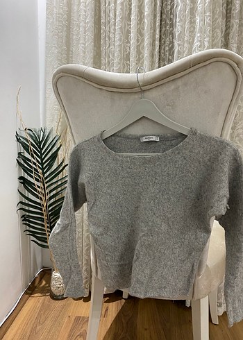 Gri Kadın Örgü Mini Triko Kazak - Görsel 2