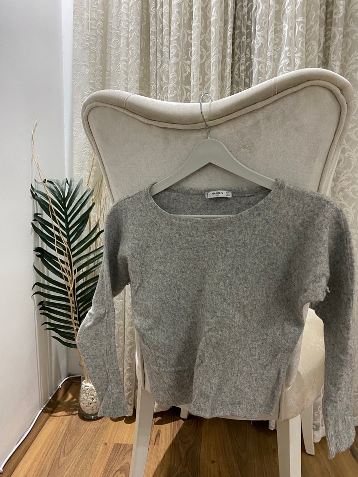 Gri Kadın Örgü Mini Triko Kazak - Görsel 2