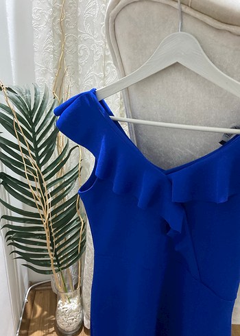 Mavi V Yaka Fırfırlı Mini Elbise - Görsel 3