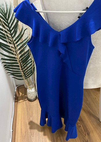 Mavi V Yaka Fırfırlı Mini Elbise - Görsel 4