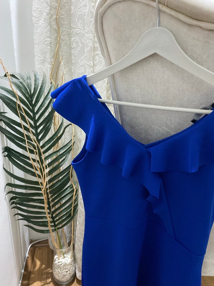 Mavi V Yaka Fırfırlı Mini Elbise - Görsel 3