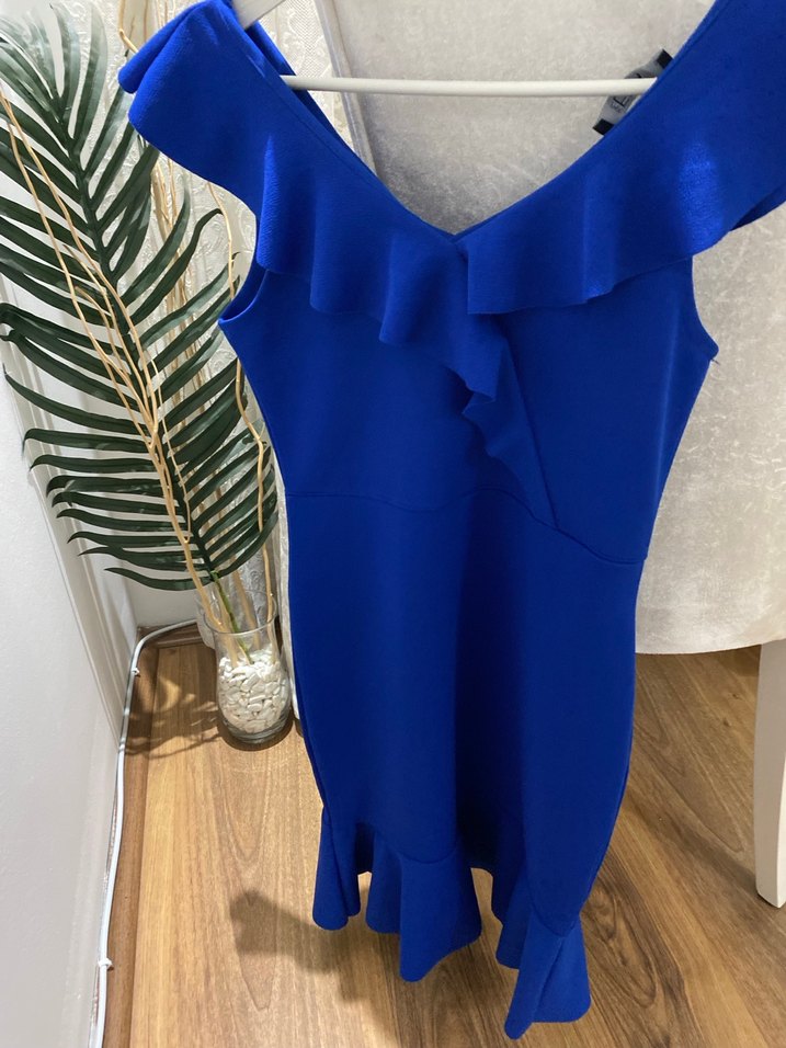 Mavi V Yaka Fırfırlı Mini Elbise - Görsel 4