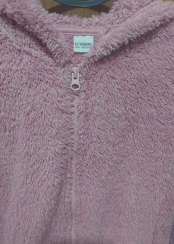 Kız Çocuk Pudra Pembe Kapüşonlu Peluş Ceket - Görsel 3