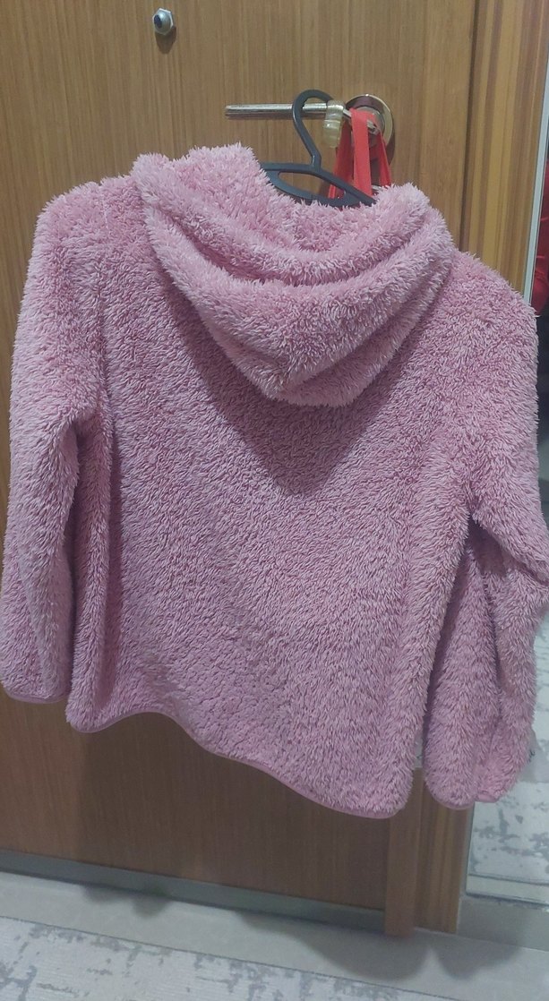 Kız Çocuk Pudra Pembe Kapüşonlu Peluş Ceket - Görsel 2