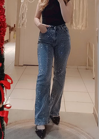 Diğer Tasli Yuksek Bel Mavi Denim Jean