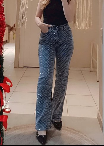 Zara Tasli Yuksek Bel Mavi Denim Jean