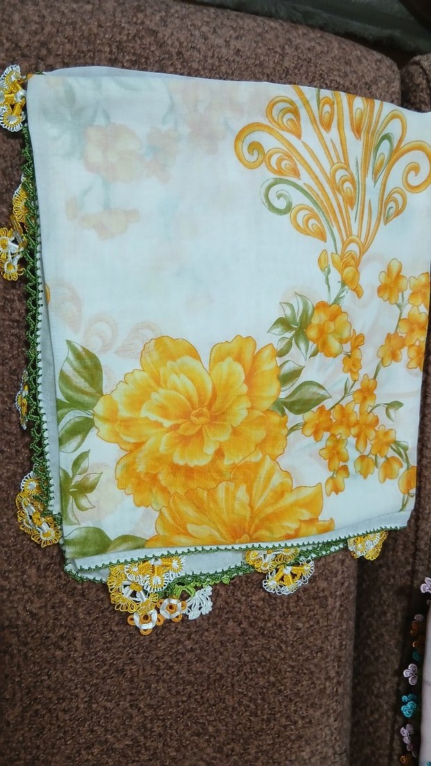 Dantel Detaylı Sarı Vintage Kadın yazma - Görsel 2