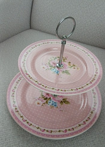 Pembe Çiçek Desenli Katlı Servis Tabağı - Görsel 2