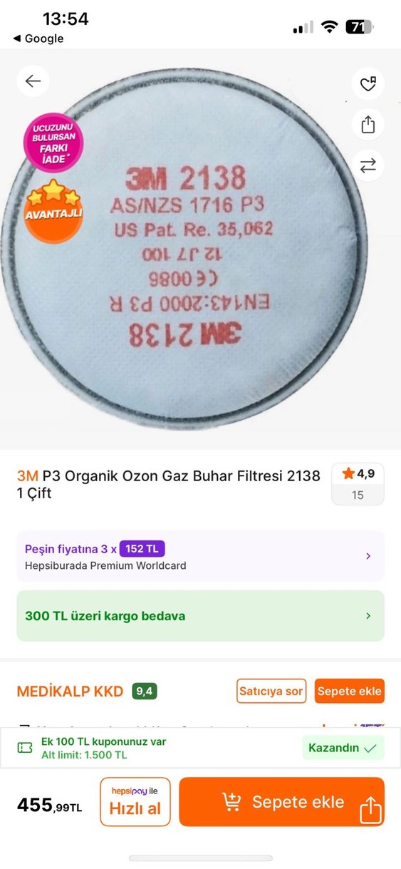 3M P3 Organik Ozon Gaz Buhar Filtresi 2138 - 1 Çift - Görsel 2