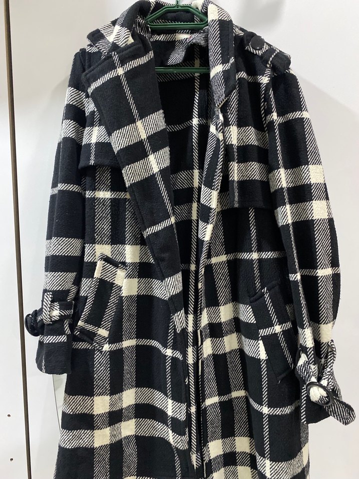 Kemerli Ekose Desenli Uzun Kadın Kaban - Görsel 2