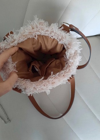 Bej Tüylü Örgü Bohem Çanta - Görsel 2