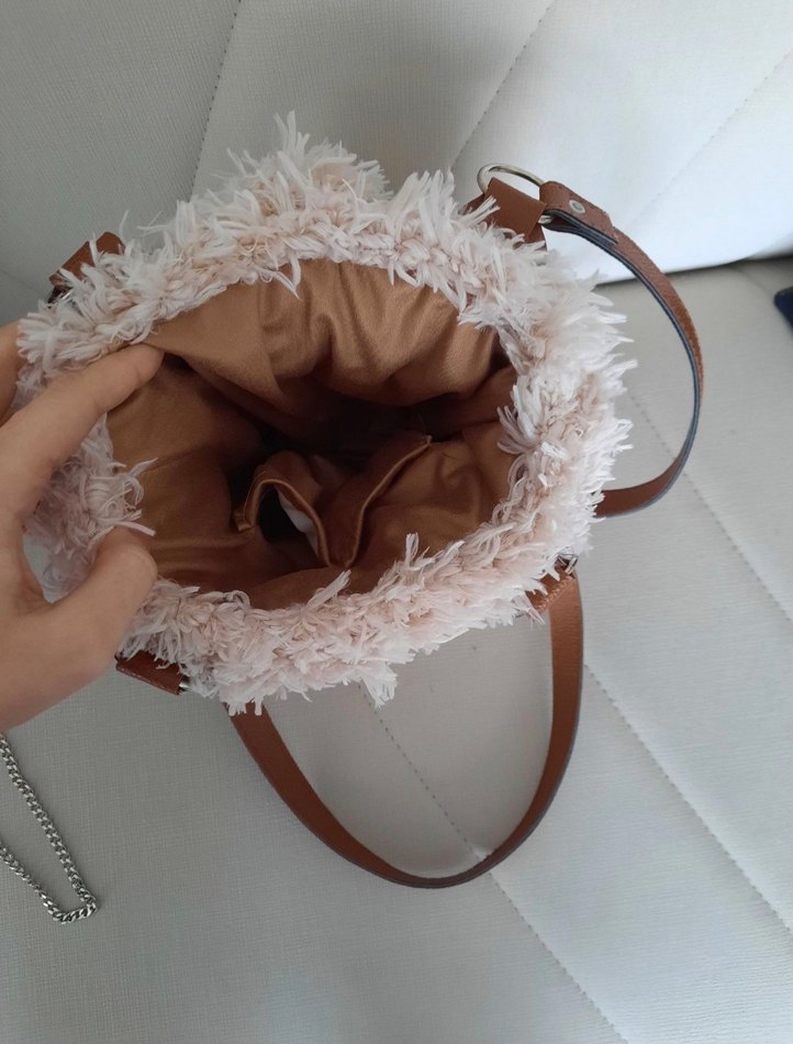 Bej Tüylü Örgü Bohem Çanta - Görsel 2