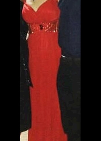 Kırmızı Nakışlı Uzun V Yaka Abiye Elbise - Görsel 2