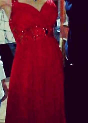 Kırmızı Nakışlı Uzun V Yaka Abiye Elbise - Görsel 5