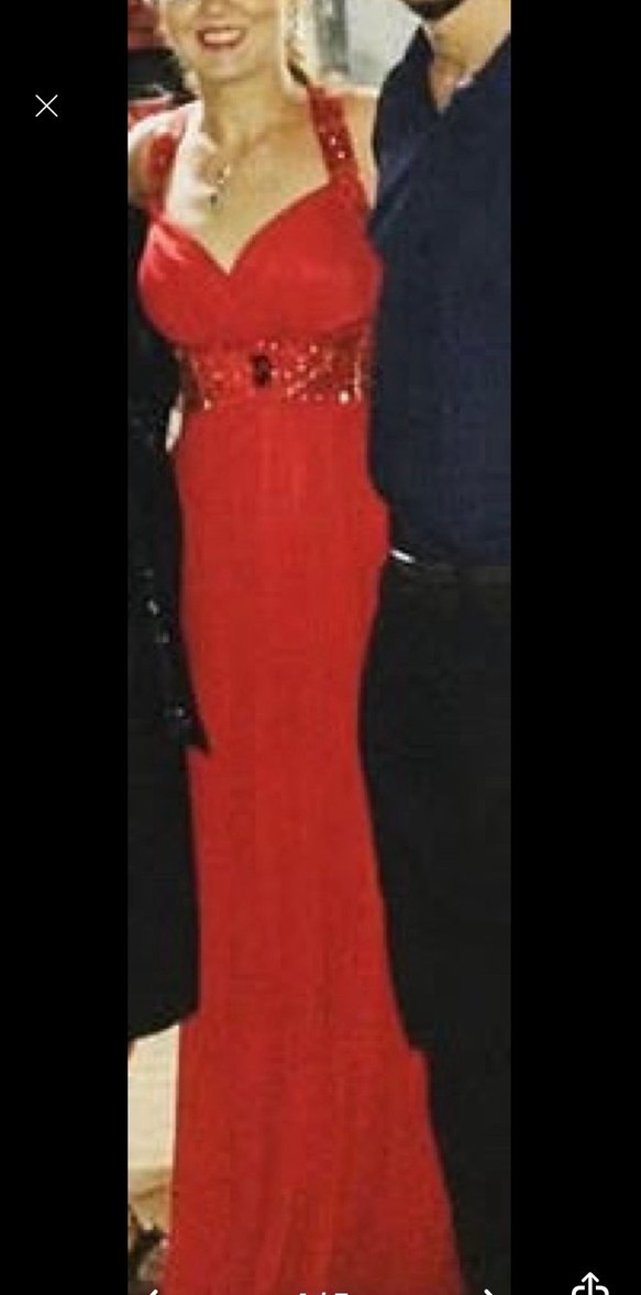 Kırmızı Nakışlı Uzun V Yaka Abiye Elbise - Görsel 2