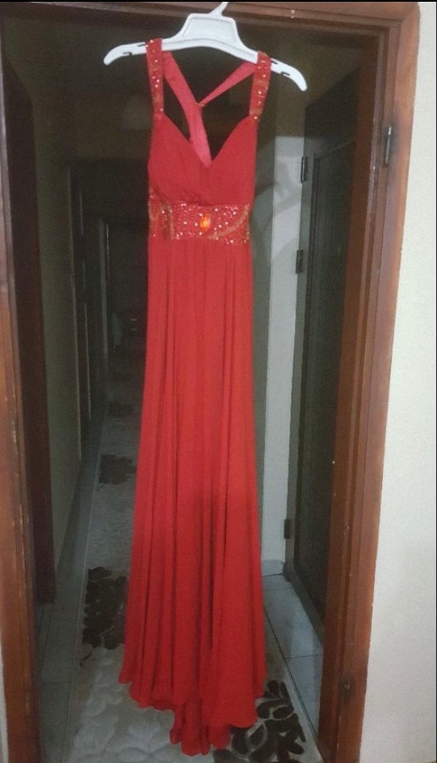 Kırmızı Nakışlı Uzun V Yaka Abiye Elbise - Görsel 4