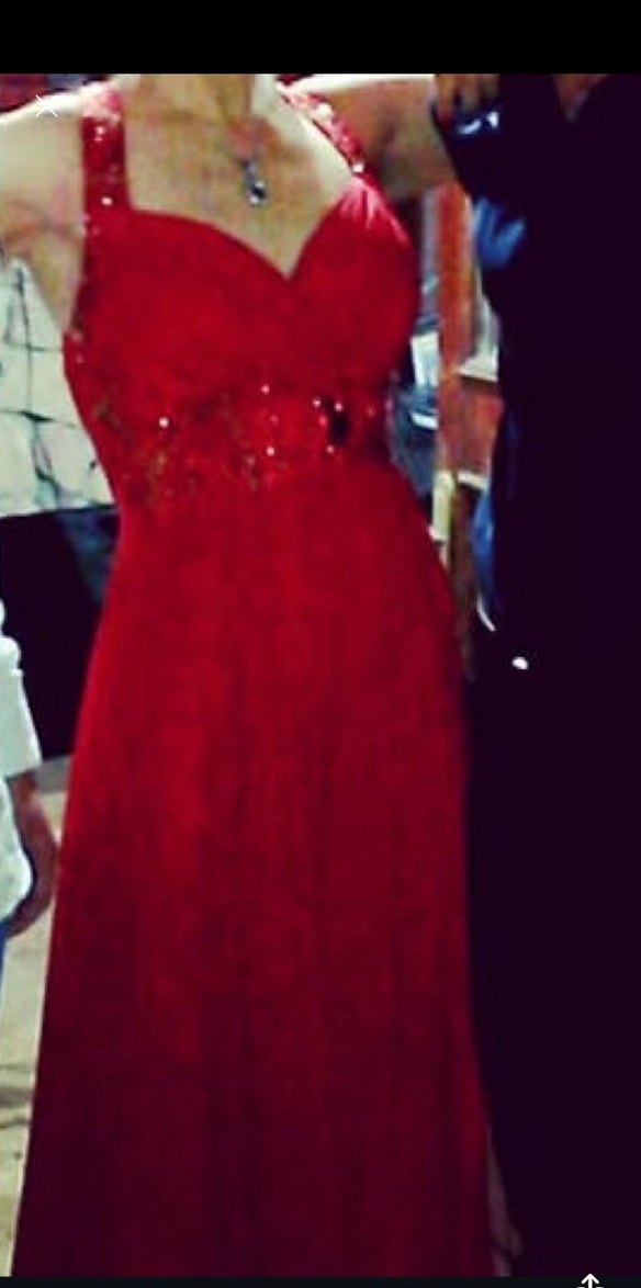 Kırmızı Nakışlı Uzun V Yaka Abiye Elbise - Görsel 5