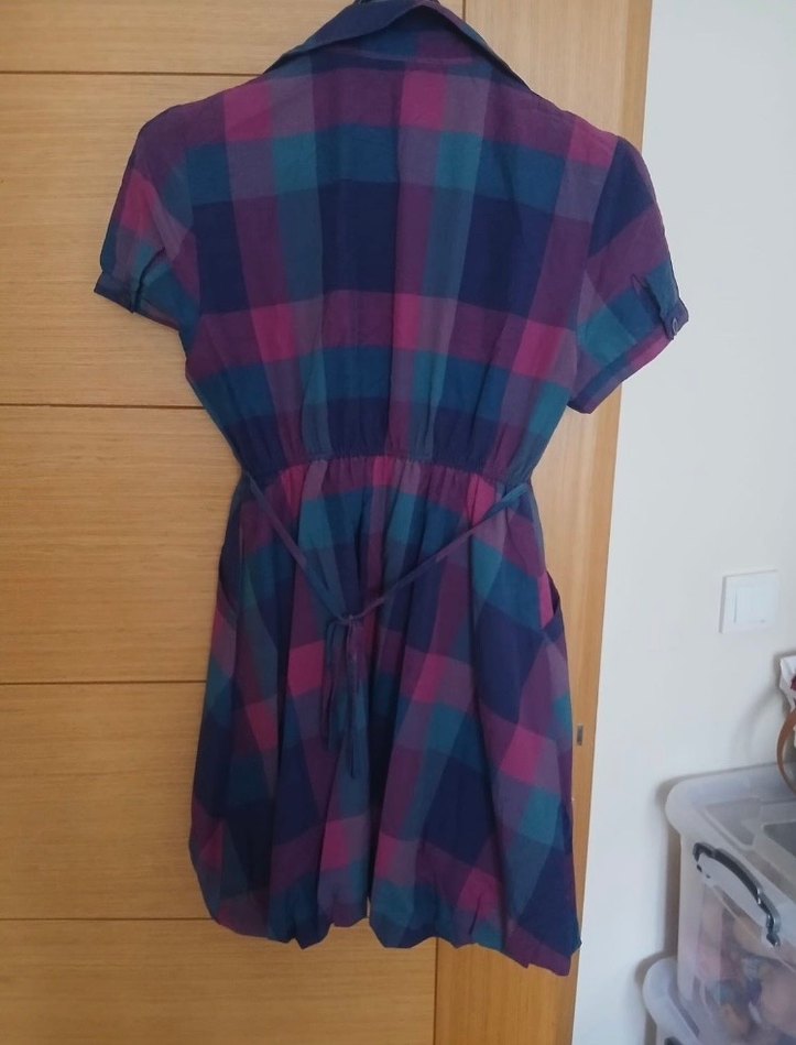 Düğmeli Mor Kareli Gömlek Elbise - Görsel 2