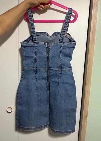 Kadın Mavi Kot Askılı Mini Elbise - Görsel 2
