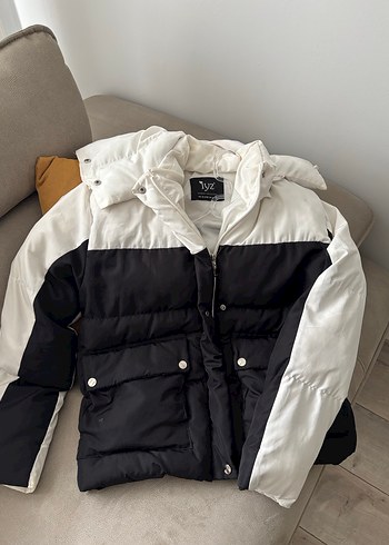 Düğmeli Siyah Beyaz Kadın Kışlık mont - Görsel 5