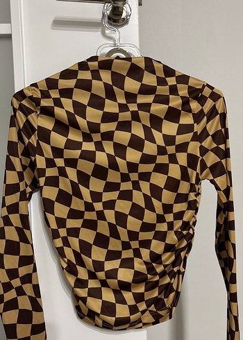 Kahverengi Uzun Kollu Kareli Bluz - Görsel 2