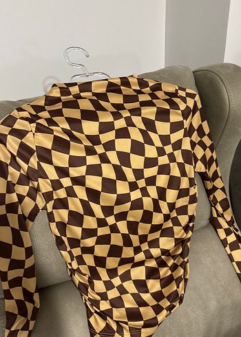 Kahverengi Uzun Kollu Kareli Bluz - Görsel 3