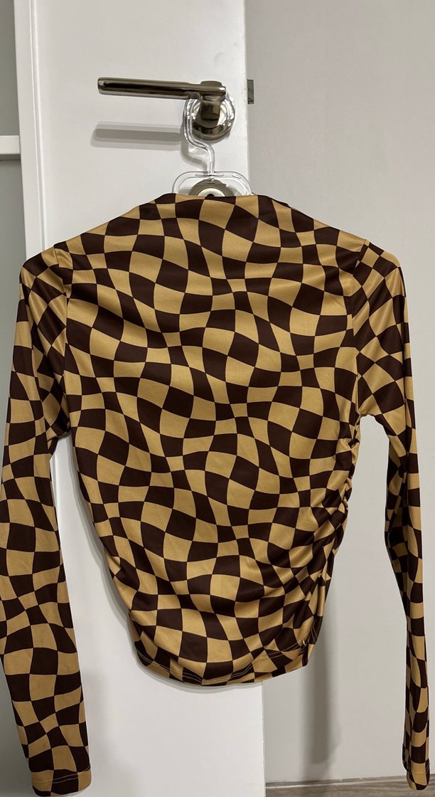 Kahverengi Uzun Kollu Kareli Bluz - Görsel 2