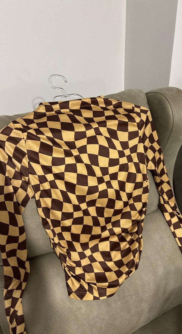 Kahverengi Uzun Kollu Kareli Bluz - Görsel 3