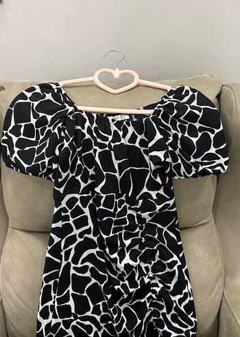 Zebra Desenli Uzun Elbise, Kayık Yaka, Kısa Kol - Görsel 2