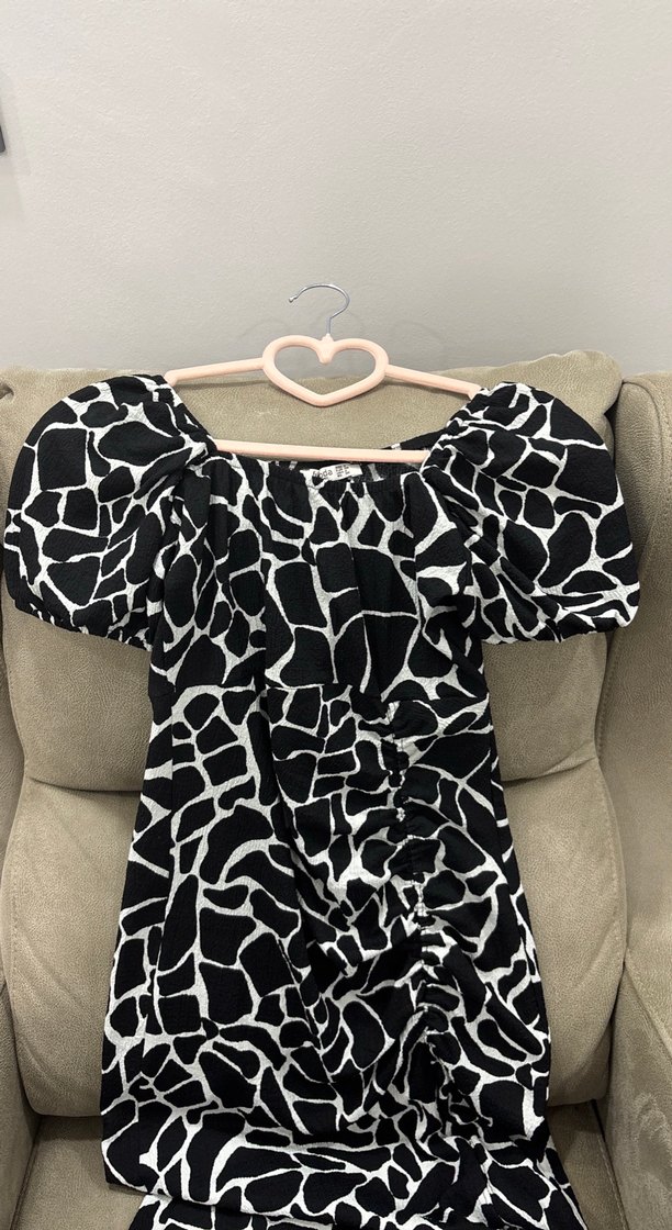 Zebra Desenli Uzun Elbise, Kayık Yaka, Kısa Kol - Görsel 2