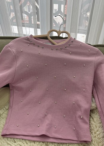 İnci İşlemeli Düğmeli Pembe Triko Kazak - Görsel 2