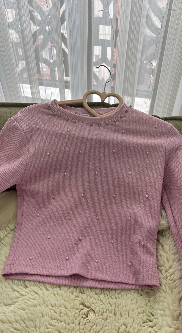 İnci İşlemeli Düğmeli Pembe Triko Kazak - Görsel 2