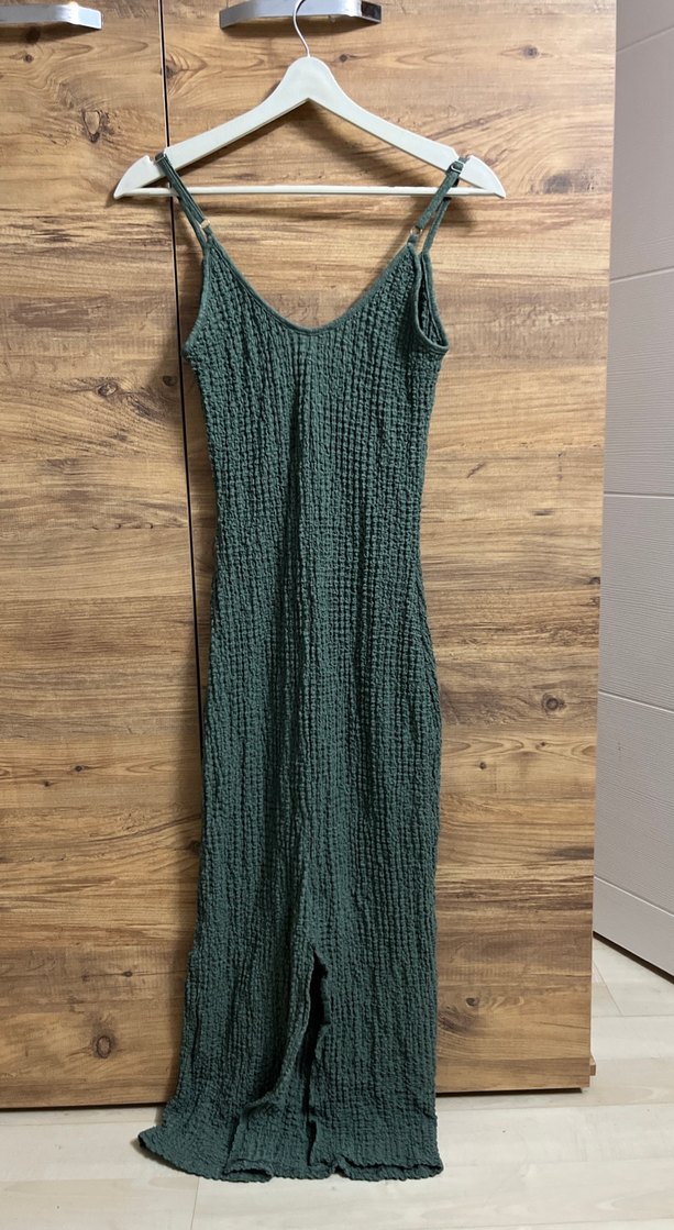 Örgü Detaylı Uzun Keten Elbise - Görsel 2