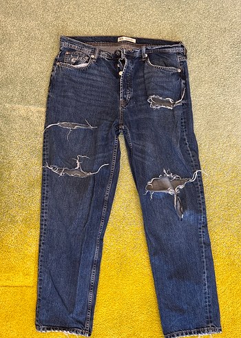 Erkek Zara Bol Kesim Ripped Midi Kot Pantolon - Görsel 4